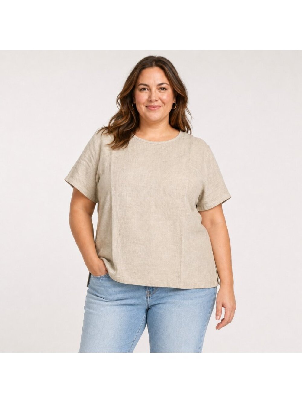 L.L.Bean Womens Linen Top XL Beige Short Sleeve Boxy Pullover Shirt